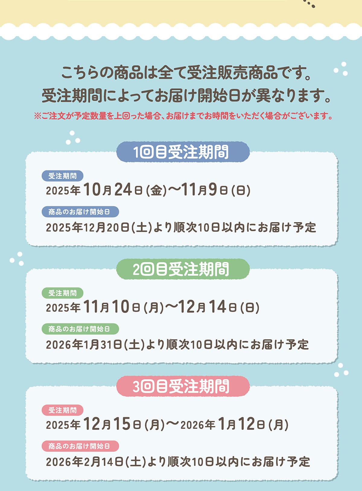 ̏i͑SĎ󒍔̔iłB󒍊ԂɂĂ͂JnقȂ܂B\萔ʂꍇA͂܂łԂꍇ܂By1ڎ󒍊ԁz󒍊ԁF2025N1024()~119()î͂JnF2025N1220(y)菇10ȓɂ͂\y2ڎ󒍊ԁz󒍊ԁF2025N1110()~1214()î͂JnF2026N131(y)菇10ȓɂ͂\󒍊ԁy3ڎ󒍊ԁz󒍊ԁF2025N1215()~2026N112()î͂JnF2026N214(y)菇10ȓɂ͂\